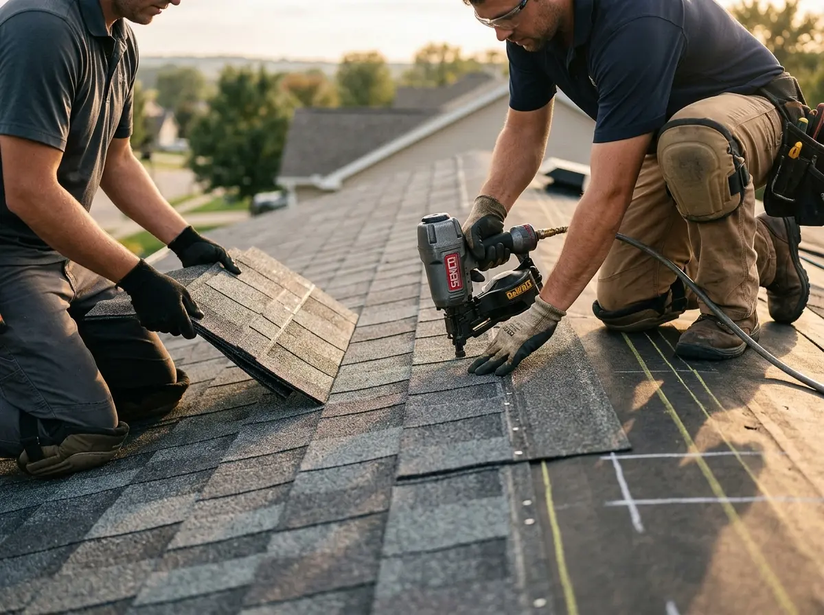 Professional roofer working on a residential roof in Country Club